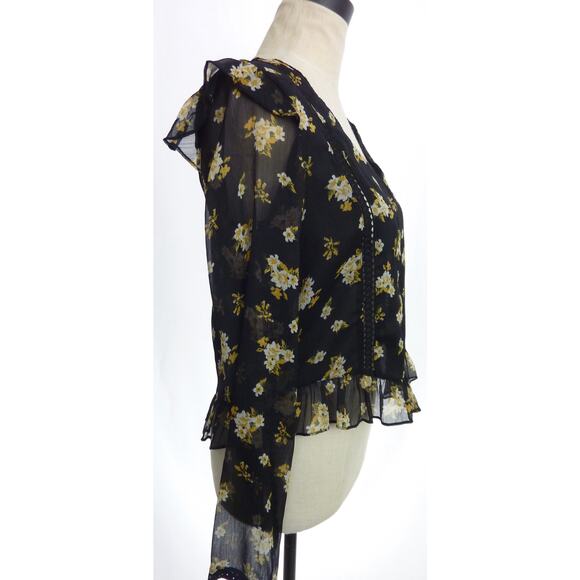 Zara Black Floral Chiffon Blouse Top Medium Boho Flutter Sleeve Semi Sheer - Picture 2 of 6